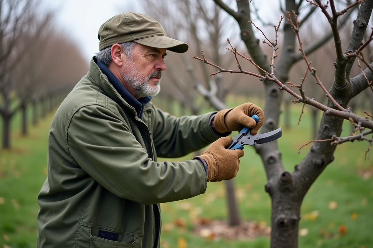 Jardinier en train de tailler un prunier avec un sécateur dans un verger au printemps pour réduire les prunes véreuses