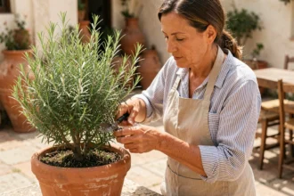 Femme taillant un romarin en pot sur une terrasse méditerranéenne avec des cisailles à main