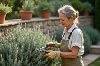Femme en train de tailler une sauge arbustive dans un jardin méditerranéen avec un sécateur, mettant en valeur la technique de taille pour préserver la floraison