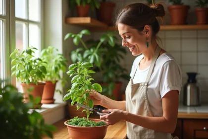 Femme taillant du basilic avec des ciseaux de cuisine près d'un rebord de fenêtre ensoleillé dans une cuisine méditerranéenne
