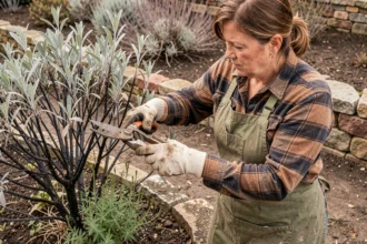 Femme jardinière taillant un pied de sauge abîmé après l'hiver avec un sécateur dans un jardin en pierre