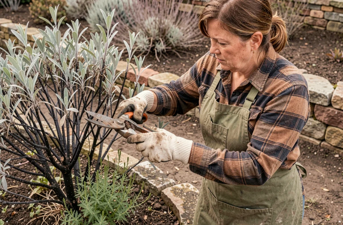 Femme jardinière taillant un pied de sauge abîmé après l'hiver avec un sécateur dans un jardin en pierre