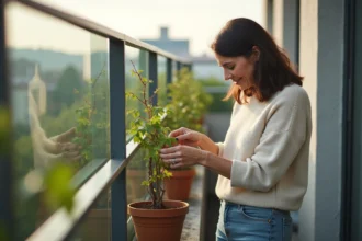 Femme moyenne âge taillant une petite vigne en pot sur un balcon
