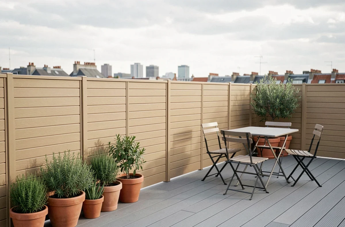 Terrasse urbaine moderne avec clôture en bambou imitation PVC, plantes en pot et mobilier de jardin bistrot