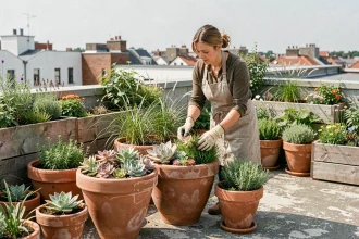 Femme aménageant une terrasse urbaine avec des plantes en pots et jardinières en bois sur un toit citadin