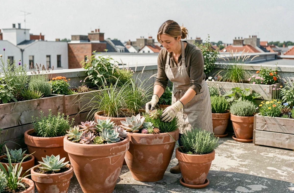 Femme aménageant une terrasse urbaine avec des plantes en pots et jardinières en bois sur un toit citadin