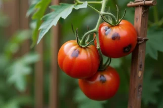 Tomates sur pied présentant des taches noires sur la peau dans un potager