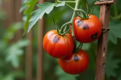 Tomates sur pied présentant des taches noires sur la peau dans un potager