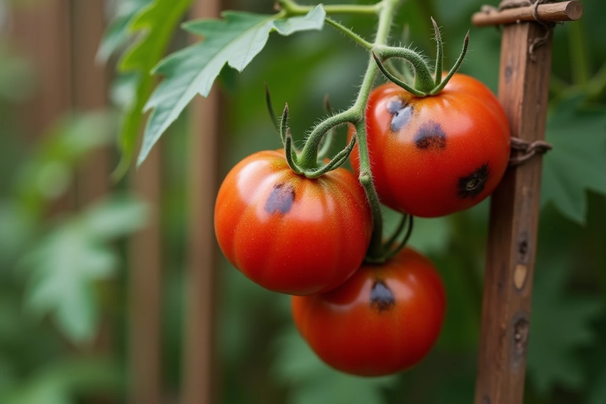 Tomates sur pied présentant des taches noires sur la peau dans un potager