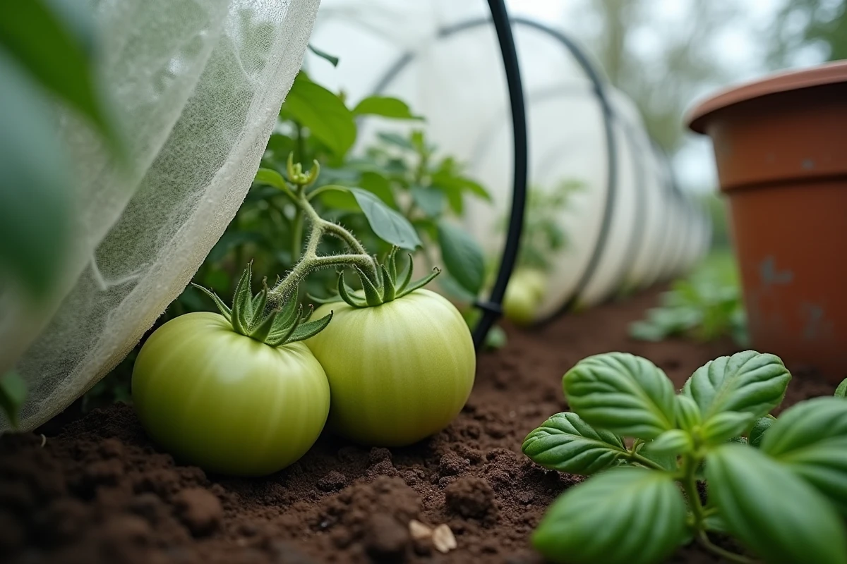Tomates vertes sur pied protégées par un voile de forçage sur arceaux dans un potager en fin de saison