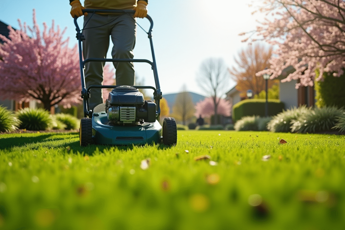 Jardinier utilisant un scarificateur sur une pelouse verte au printemps