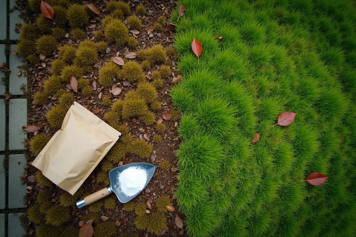 Vue aérienne d'une pelouse montrant le contraste entre mousse morte et herbe saine après traitement économique à la chaux