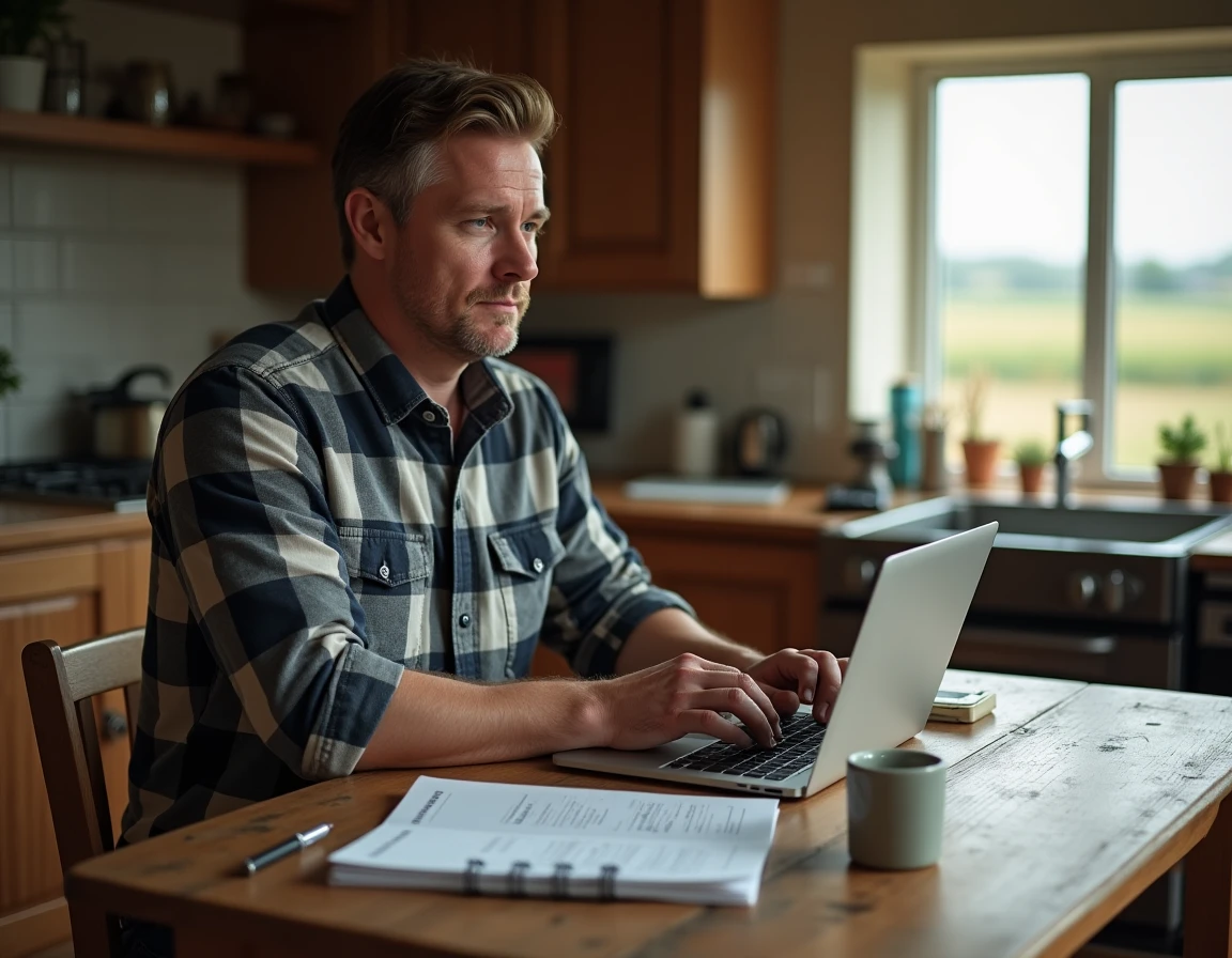 Agriculteur vérifiant la réglementation glyphosate en ligne avant un achat sur internet