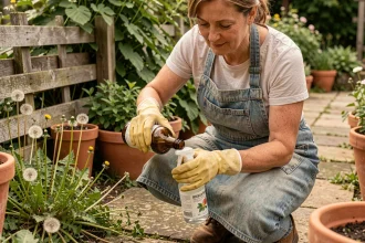 Femme versant du vinaigre blanc dans un pulvérisateur pour désherber naturellement dans un jardin