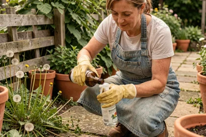Femme versant du vinaigre blanc dans un pulvérisateur pour désherber naturellement dans un jardin
