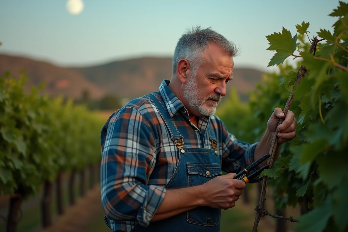 Vigneron taillant la vigne au crépuscule dans un vignoble