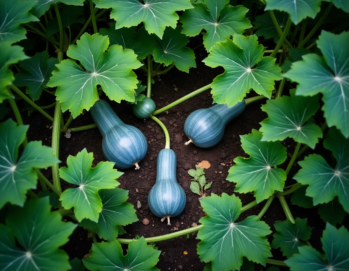 Vue aérienne d'un potager en permaculture recouvert de feuilles et de courges Citrouille Bleu à différents stades de maturité