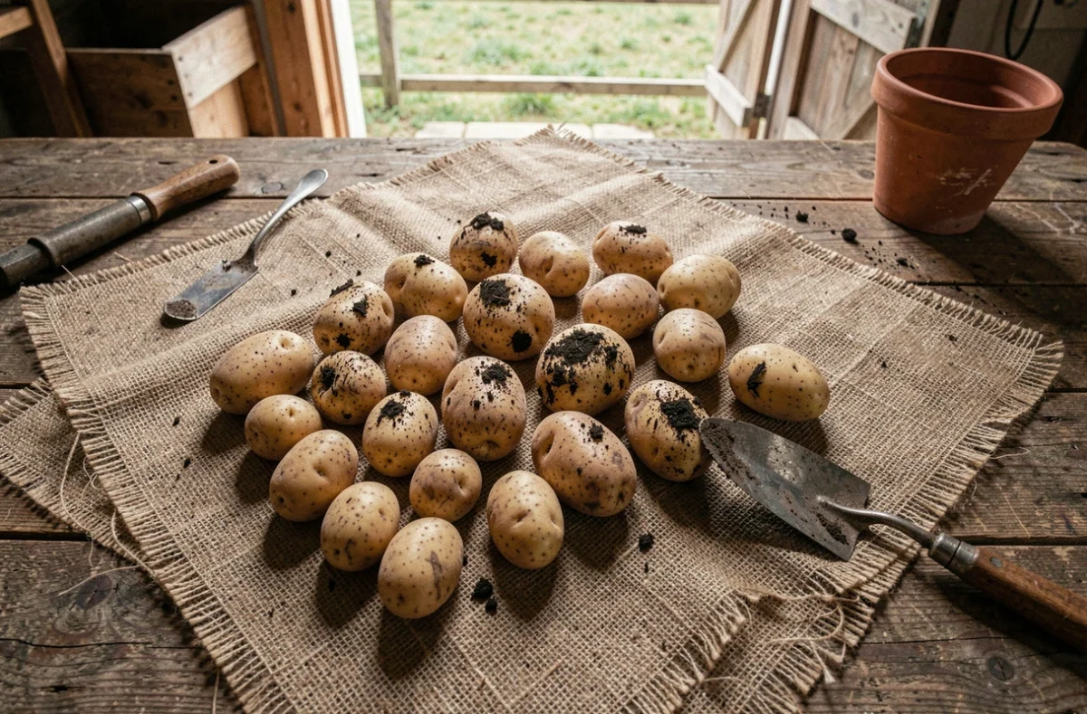 Vue de dessus de pommes de terre fraîchement récoltées posées sur une toile de jute rustique avec des outils de jardinage